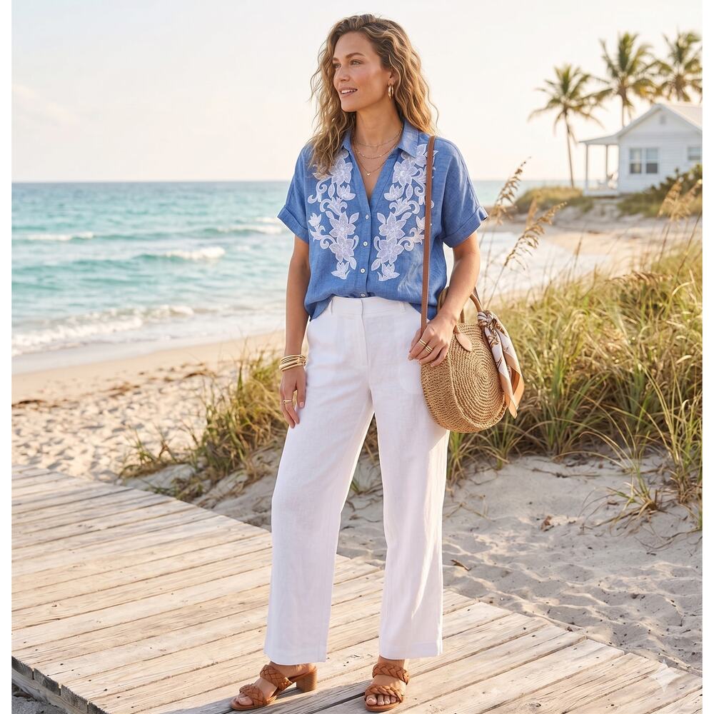 Chico's Blue Linen Embroidered Shirt Top 1 M Mediterranean Coastal Grandma Boho